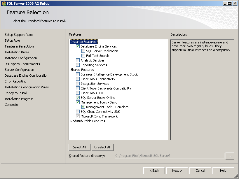 Instalacja MS SQL Server - wybór komponentów